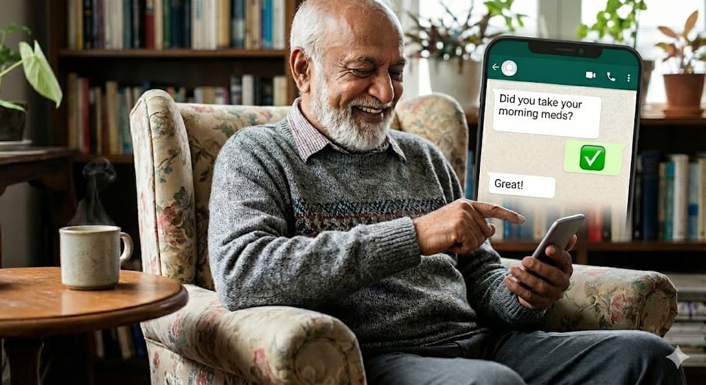 Son checking Parwah pill tracker dashboard on laptop