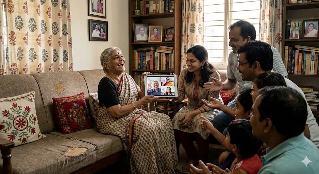 Elderly Indian mother receiving medicine reminder on WhatsApp
